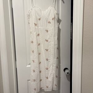 White midi dress with pink floral stitching